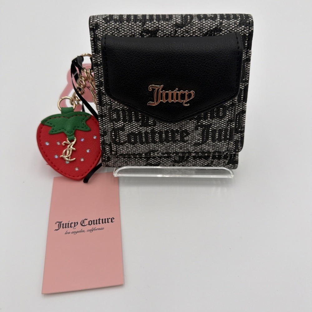 Juicy Couture Wallet Black Logo Handbag Cardholder Snap Wallet Strawberry Charm